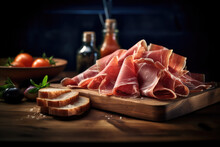 Thin Slices Of Prosciutto, Composition With Bread On Wooden Cutting Board, Black Background. Delicious Bacon Shot. Generative AI Photo Imitation.