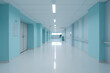 © SnowElf - Front view of empty hospital corridor in white and pastel blue. Minimalistic clean hospital corridor without people, nobody.  Generative AI professional photo imitation.