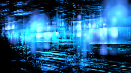 Poster - Abstract circuits and glow squares, luminous 3d objects, tilt-shift lenses, richly detailed backgrounds, symmetrical chaos, webcore. 3d render