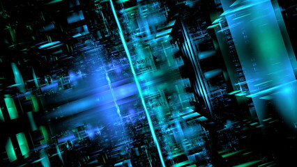 Poster - Abstract circuits and glow squares, luminous 3d objects, tilt-shift lenses, richly detailed backgrounds, symmetrical chaos, webcore. 3d render