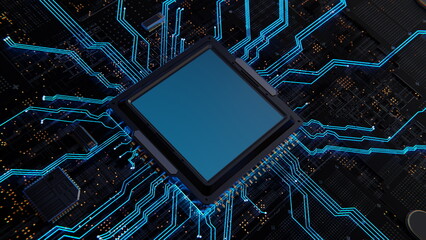 Poster - Blue computer electronic chip with blue glow, multiple filter effect, innovative page design, black background, top view, superflat, light cyan and gold. 3d render
