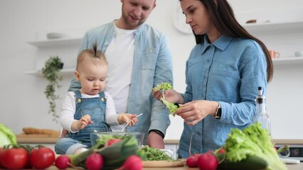 Wall Mural - Front view of smiling spouses dressing garden salad while curious little daughter resting in kitchen of apartment. Young caucasian couple and baby enjoying benefits from cooking together as family.