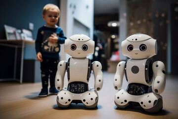 Wall Mural - Small child with artificial intelligence android robots.