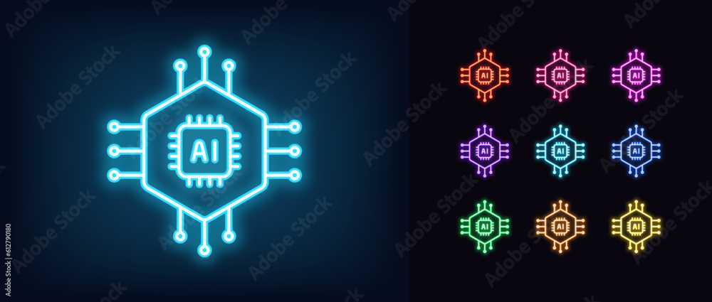 Outline neon AI cpu icon set. Glowing neon microcircuit with AI chip ...