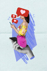 Poster - Vertical collage picture of black white colors arm hold smart phone display mini girl texting like notification isolated on paper background