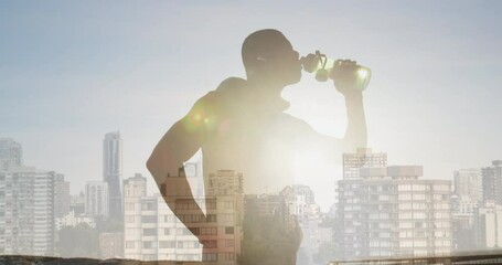 Aufkleber - Animation of glowing lights over an exercising african american man drinking water