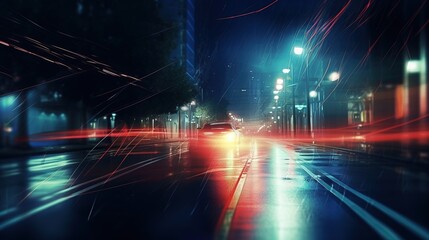 Wall Mural - Сar riding on a city road at night. Generative AI. Illustration for banner, poster, cover or presentation.