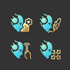 Sticker - Artificial intelligence capabilities gradient glyph icons set with lineart for dark theme. Business opportunities. Isolated color vector illustrations for night mode. Solid linear pictograms pack