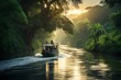 Boat navigating through the winding rivers of the Amazon, with lush greenery and wildlife in the background, emphasizing the exploration aspect. Generative AI