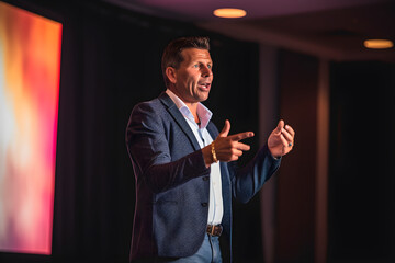 A CEO delivering an inspiring keynote speech at a business conference, sharing insights and motivating the audience with their entrepreneurial wisdom. Generative AI