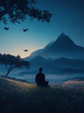 Fototapeta  - silhouette of man meditating in nature, Generative Ai illustration,Relaxation.