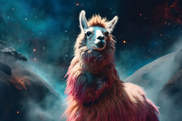 Wall Mural - joyful llama on vibrant colorful space eternity background, Generative AI