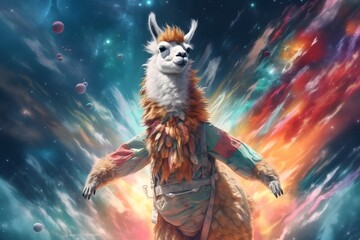 Wall Mural - joyful llama on vibrant colorful space eternity background, Generative AI