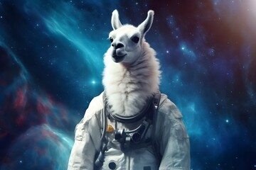 Wall Mural - space astronaut llama on vibrant colorful cosmos background view, Generative AI