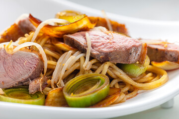 Poster - slices of duck breast with noodles, vegetables and bamboo shoots