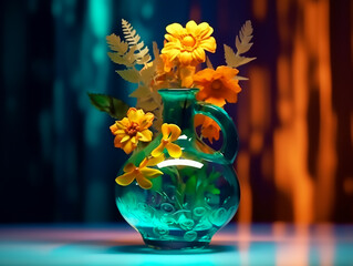 Poster - An opalescent vase in green, sapphire blue, cyan, turquoise, containing beautiful orange flowers with a dynamic composition and dramatic lighting,Generative AI