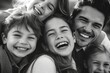© Mustafa - A close - up photo of a beaming American family huddled together, their faces filled with joy and laughter. Generative AI