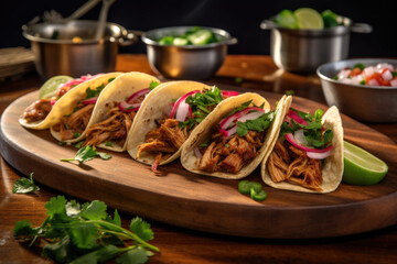 Mexican tacos, each filled with succulent pulled meat and topped with fresh diced whiter onions, cilantro, and round sliced jalapeño. Generative AI
