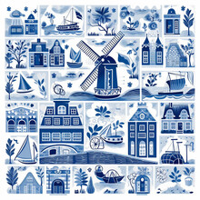 Dutch Delft Blue Digital Paper, Holland Windmill, Landscape, Dutch Paper For Scrapbooking, Delft Blue Design, Delft Blue Tiles