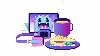 Aufkleber - Cozy composition in bed animation. Animated cup of tea, tablet device and sandwich 2D cartoon flat colour line scene. 4K video concept on white with alpha channel transparency for web design