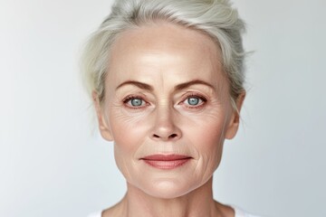 Beautiful mid aged mature woman looking at camera isolated on white. Mature old lady close-up portrait. Generative AI