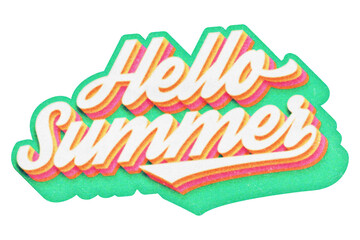 Poster - Words Hello Summer paper cut-out in retro three-dimensional script lettering style isolated on transparent background