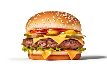 Wall Mural - Grilled Hamburger on White Background. Isolated Beef Burger Meal Fast Food