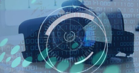 Poster - Animation of vr headset over 5g text, binary coding and scope