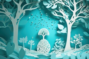 Wall Mural - a paper cut of a forest with trees, generative AI