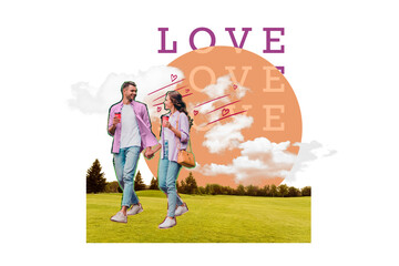 Sticker - Picture poster photo image sketch collage of two happy positive enamored people drinking ice latte walking park enjoy first romantic date