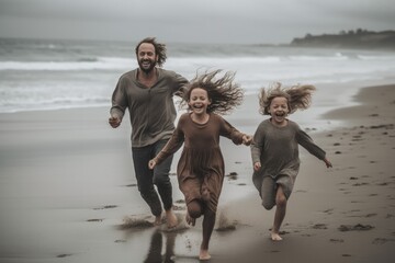 Wall Mural - a man and two children running on the beach, generative AI