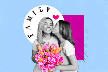 Sticker - Template collage illustration of two people family daughter kisses cheek fresh bouquet tulips mothers day isolated on blue background