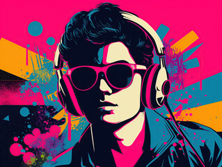 Young man wearing headphones and sunglasses, listening music on a colorful background. Vibrant pop art retro style. Created with generative Ai