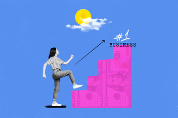 Sticker - Collage of black white effect girl climb top dollar banknotes stairs number one business money coin instead sun clouds isolated on blue background