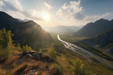 Wall Mural - the sun is shining over the mountains and a river, generative AI