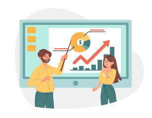 Poster - People monitoring success concept. Man and woman analyze graphs and charts. Financial literacy and passive income. Analysts and consultants, entrepreneurs, investors. Cartoon flat vector illustration