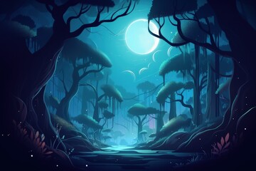Wall Mural - a painting of a forest at night with a full moon, generative AI