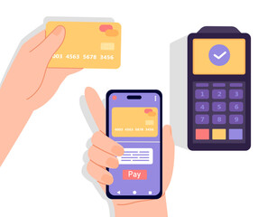 Poster - pay card or phone at atm concept. cashless payment, transfers and transactions. electronic commerce 