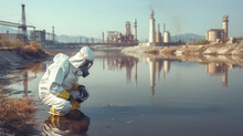 白い化学防護マスクと放射性防護服を着用し、化学工場や河川の水質をチェックするスタッフGenerativeAI