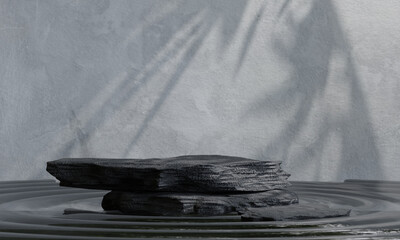 Wall Mural - black rock on water for product presentation. Natural beauty pedestal, 3d illustration