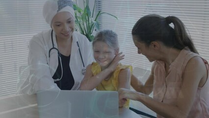 Poster - Animation of data processing over caucasian mother and daughter with asian female doctor