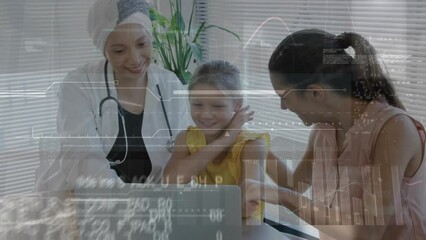 Poster - Animation of data processing over caucasian mother and daughter with asian female doctor