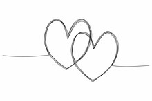 Two Linked Heart, Continuous One Line Drawing. Double Heart Hand Drawn, Black And White Vector, Minimalist Illustration Of Love Concept Made Of One Line. 
