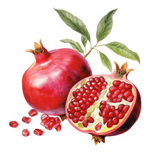 Botanical Illustration, Pomegranate Whole And Half In Retro Style, PNG. Generative AI