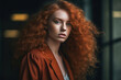 © ADDICTIVE STOCK - Generative AI illustration of young beautiful woman model with curly red hair and blue eyes posing looking at camera against blurred background