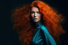 Generative AI Illustration Of Young Beautiful Woman Model With Long Orange Hair And Blue Eyes Posing And Looking At Camera Against Black Background
