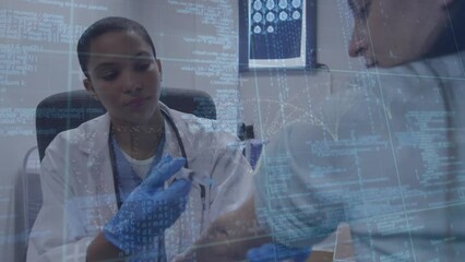 Sticker - Animation of data processing over biracial female doctor vaccinating caucasian female patient