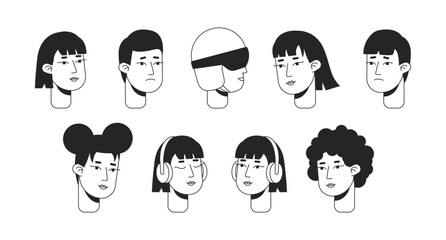 Canvas Print - Young adult expressions monochrome flat linear character heads bundle. Listen music. Editable outline people icons. Line users faces. 2D cartoon spot vector avatar illustration pack for animation