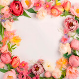 Fototapeta Tulipany - Photo frame of flowers. Wedding concept with flowers. For the design of greeting cards or invitations. Generative AI.