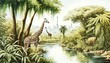 African tropical rainforest scene depicted in a 3D watercolor painting with trees close to a river and giraffes. Generative Ai.
